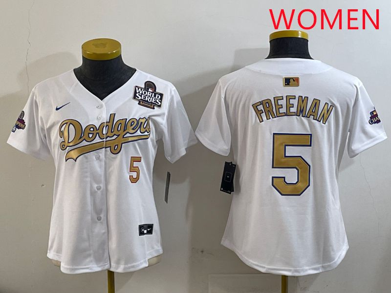Women Los Angeles Dodgers 5 Freeman White Champion gold character 2025 Nike MLB Jersey style 3